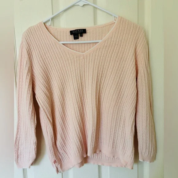 Ralph Lauren Blush Pink Cotton Ribbed V-Neck Sweater Petite Medium Feminine - Picture 1 of 13